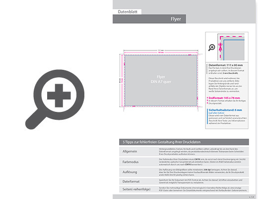 Product Bild multiloft-flyer_din_a7_quer_(10_5_cm_x_7_4_cm)_beidseitig_folienkaschiert_gl__nzend_und_einseitiger_hei__folienpr__gung_gold__4_4_farbig_(beidseitiger_druck)